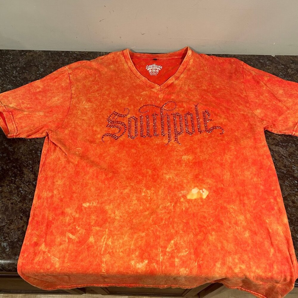 Vintage Southpole Y2K Tie Dye Red Orange T Shirt V Neck Sequins XXL